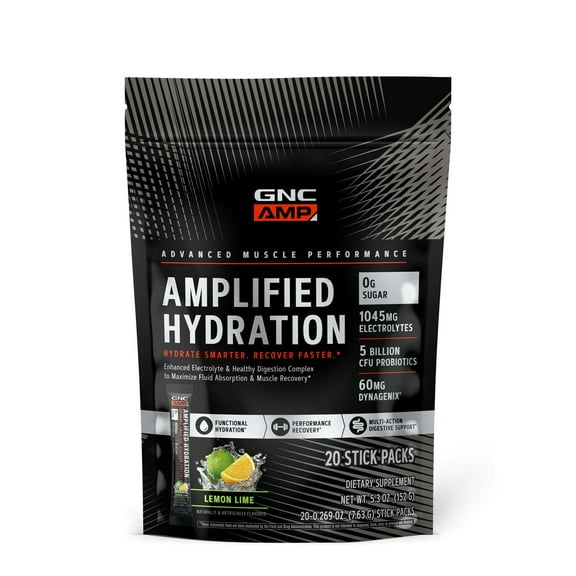 GNC AMP Amplified Hydration Electrolyte Powder Drink Mix | Enhanced Electrolyte & Healthy Digestion Complex | Lemon Lime | 20 Count