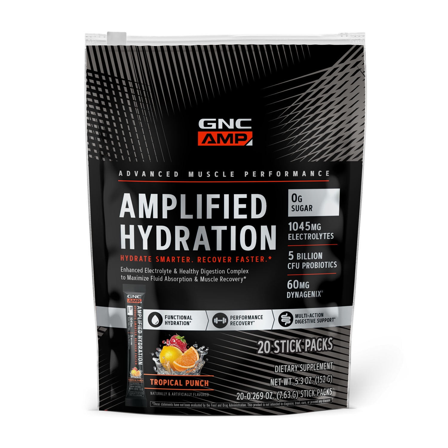 GNC AMP Amplified Hydration Electrolyte Powder Drink Mix | Enhanced Electrolyte & Healthy Digestion Complex | Tropical Punch | 20 Count
