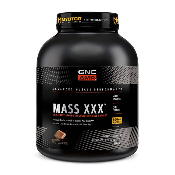 GNC AMP Mass XXX, Clinically Proven Weight Gainer Protein Powder With Micronized Amino Acids, Creatine, Betaine, 780 Calories, 50g Protein, Chocolate, 13 Servings