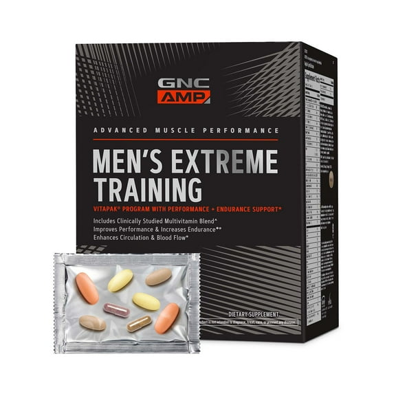 GNC AMP Men’s Extreme Training Vitapak Program, Vitamin Pack for Performance & Endurance With Proven Ingredients, Caffeine, Nitric Oxide, 30 Day Supply
