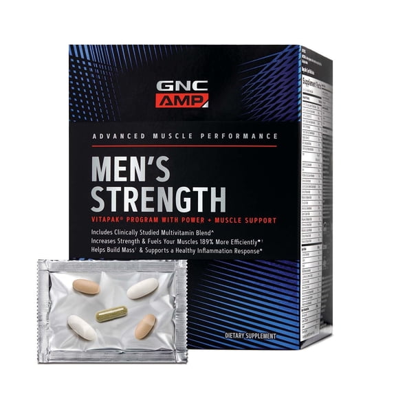 GNC AMP Mens Strength Vitapak Program, 3 Products in 1 Pack, Absorbable Creatine, Mass Building, Power Muscles, Anabolic Primers, Testosterone Boost, Proven Ingredients, Multivitamin, 30-Day Supply