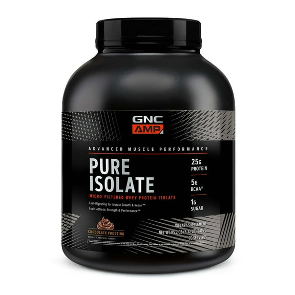 GNC AMP Pure Isolate Whey Protein Powder, Muscle Growth, Recovery, & Performance, 25g Protein, 5g BCAA, 1g Sugar, Gluten Free, Chocolate Frosting, 70 Servings