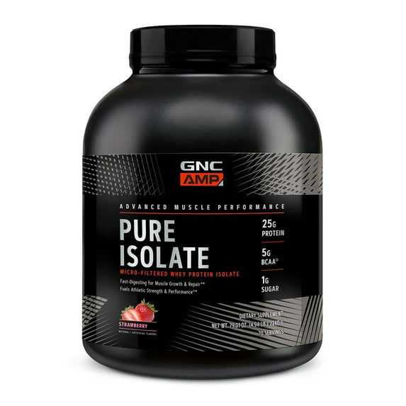 GNC AMP Pure Isolate Whey Protein Powder, Muscle Growth, Recovery, & Performance, 25g Protein, 5g BCAA, 1g Sugar, Gluten Free, Strawberry, 70 Servings