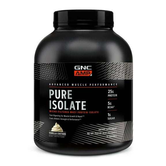GNC AMP Pure Isolate Whey Protein Powder, Muscle Growth, Recovery, & Performance, 25g Protein, 5g BCAA, 1g Sugar, Gluten Free, Vanilla Frosting, 70 Servings