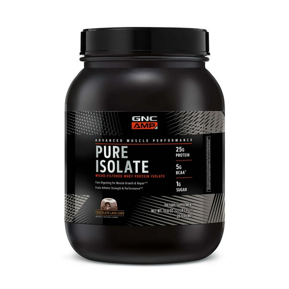 GNC AMP Pure Isolate Whey Protein Powder, Muscle Growth, Recovery, & Performance, 25g Protein, 5g BCAA, 1g Sugar, Gluten Free, Chocolate Lava Cake, 28 Servings