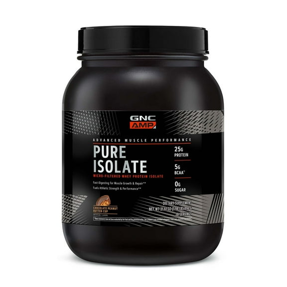 GNC AMP Pure Isolate Whey Protein Powder, Muscle Growth, Recovery, & Performance, 25g Protein, 5g BCAA, 1g Sugar, Gluten Free, Chocolate Peanut Butter, 28 Servings