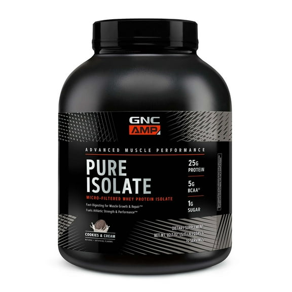 GNC AMP Pure Isolate Whey Protein Powder, Muscle Growth, Recovery, & Performance, 25g Protein, 5g BCAA, 1g Sugar, Gluten Free, Cookies and Cream, 70 Servings