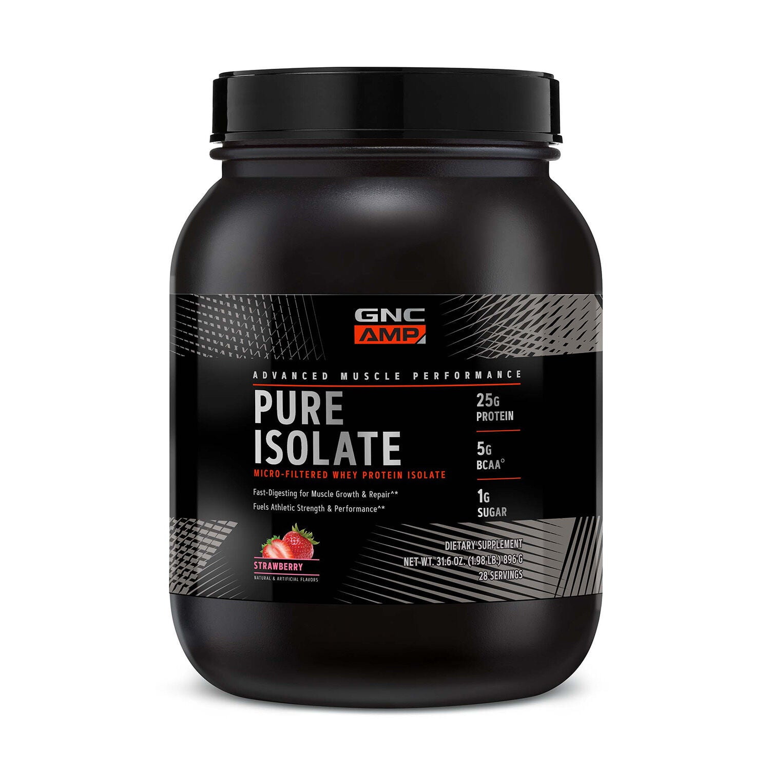 GNC AMP Pure Isolate Whey Protein Powder, Muscle Growth, Recovery, & Performance, 25g Protein, 5g BCAA, 1g Sugar, Gluten Free, Strawberry, 28 Servings