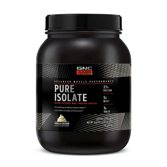 GNC AMP Pure Isolate Whey Protein Powder, Muscle Growth, Recovery, & Performance, 25g Protein, 5g BCAA, 1g Sugar, Gluten Free, Vanilla Custard, 28 Servings