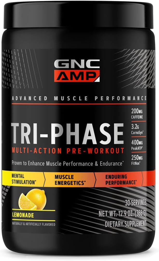 GNC AMP TriPhase MultiAction PreWorkout Supports Muscle Performance & Endurance Lemonade