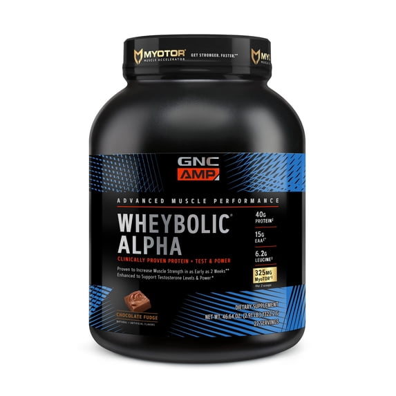 GNC AMP Wheybolic Alpha Clinically Proven Protein Powder, Chocolate Fudge, Increases Muscle Strength, Size & Power, 40g Protein, 6.2g Leucine, 15g EAAs, Creatine, 3rd Party Tested, 22 Servings