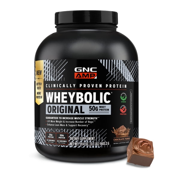 GNC AMP Wheybolic Clinically Proven Protein Powder, 50g Whey Protein, BCAA, Leucine, Increases Muscle Strength, Muscle Building, 3rd Party Tested, Gluten Free, Chocolate Fudge 26 Servings
