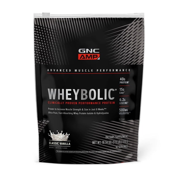 GNC AMP Wheybolic Clinically Proven Protein Powder, Increases Muscle Strength & Muscle Building, 40g Whey Protein, BCAA, Leucine, 3rd Party Tested, Classic Vanilla, 10 Servings