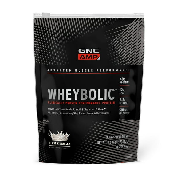 GNC AMP Wheybolic Clinically Proven Protein Powder, Increases Muscle Strength & Muscle Building, 40g Whey Protein, BCAA, Leucine, 3rd Party Tested, Classic Vanilla, 10 Servings