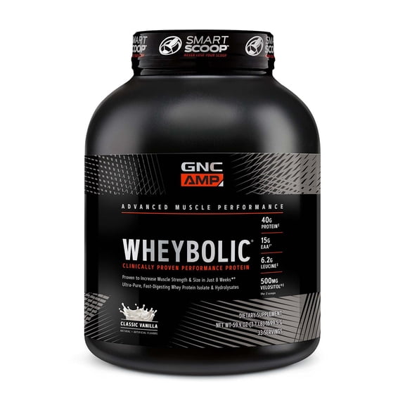 GNC AMP Wheybolic Clinically Proven Protein Powder, Increases Muscle Strength & Muscle Building, 40g Whey Protein, BCAA, Leucine, 3rd Party Tested, Classic Vanilla