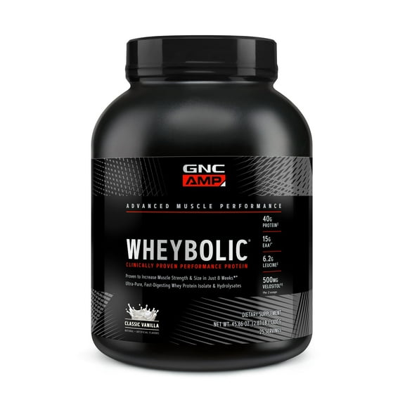 GNC AMP Wheybolic Clinically Proven Protein Powder, Increases Muscle Strength & Muscle Building, 40g Whey Protein, BCAA, Leucine, 3rd Party Tested, Classic Vanilla, 25 Servings