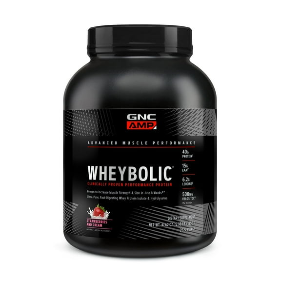 GNC AMP Wheybolic Clinically Proven Protein Powder, Increases Muscle Strength & Muscle Building, 40g Whey Protein, BCAA, Leucine, 3rd Party Tested, Strawberries and Cream, 25 Servings