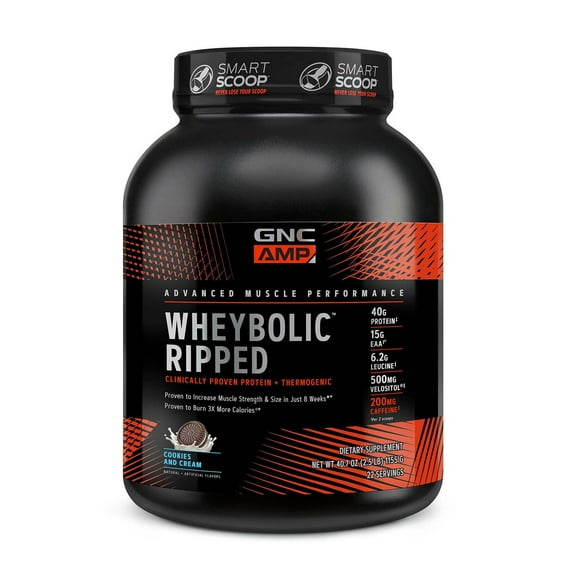 GNC AMP Wheybolic Ripped Clinically Proven Protein Powder & Thermogenic Protein Supplement, Cookies and Cream, Increases Muscle Strength & Size, Calorie Burn, Energy & Endurance, Caffeine, 40g