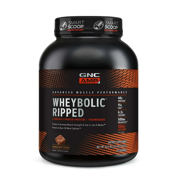 GNC AMP Wheybolic Ripped Clinically Proven Protein Powder & Thermogenic Protein Supplement, Chocolate Fudge, Increases Muscle Strength & Size, Calorie Burn, Energy & Endurance, Caffeine, 40g Protein,
