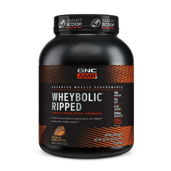 GNC AMP Wheybolic Ripped Clinically Proven Protein Powder & Thermogenic Protein Supplement, Chocolate Peanut Butter, Increases Muscle Strength & Size, Calorie Burn, Energy & Endurance, Caffeine, 40g