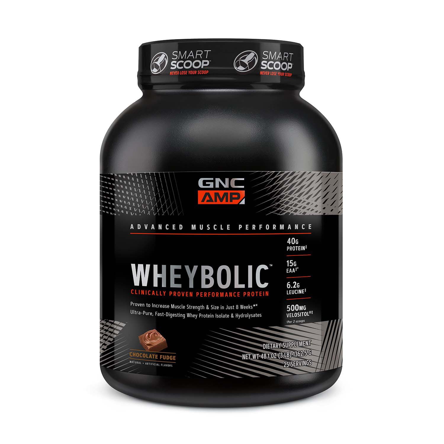 GNC AMP Wheybolic Clinically Proven Protein Powder, Increases Muscle Strength & Muscle Building, 40g Whey Protein, BCAA, Leucine, 3rd Party Tested, Chocolate Fudge, 25 Servings