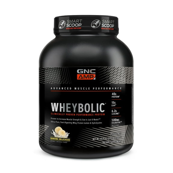 GNC AMP Wheybolic Clinically Proven Protein Powder, Increases Muscle Strength & Muscle Building, 40g Whey Protein, BCAA, Leucine, 3rd Party Tested, Banana Milkshake, 25 Servings
