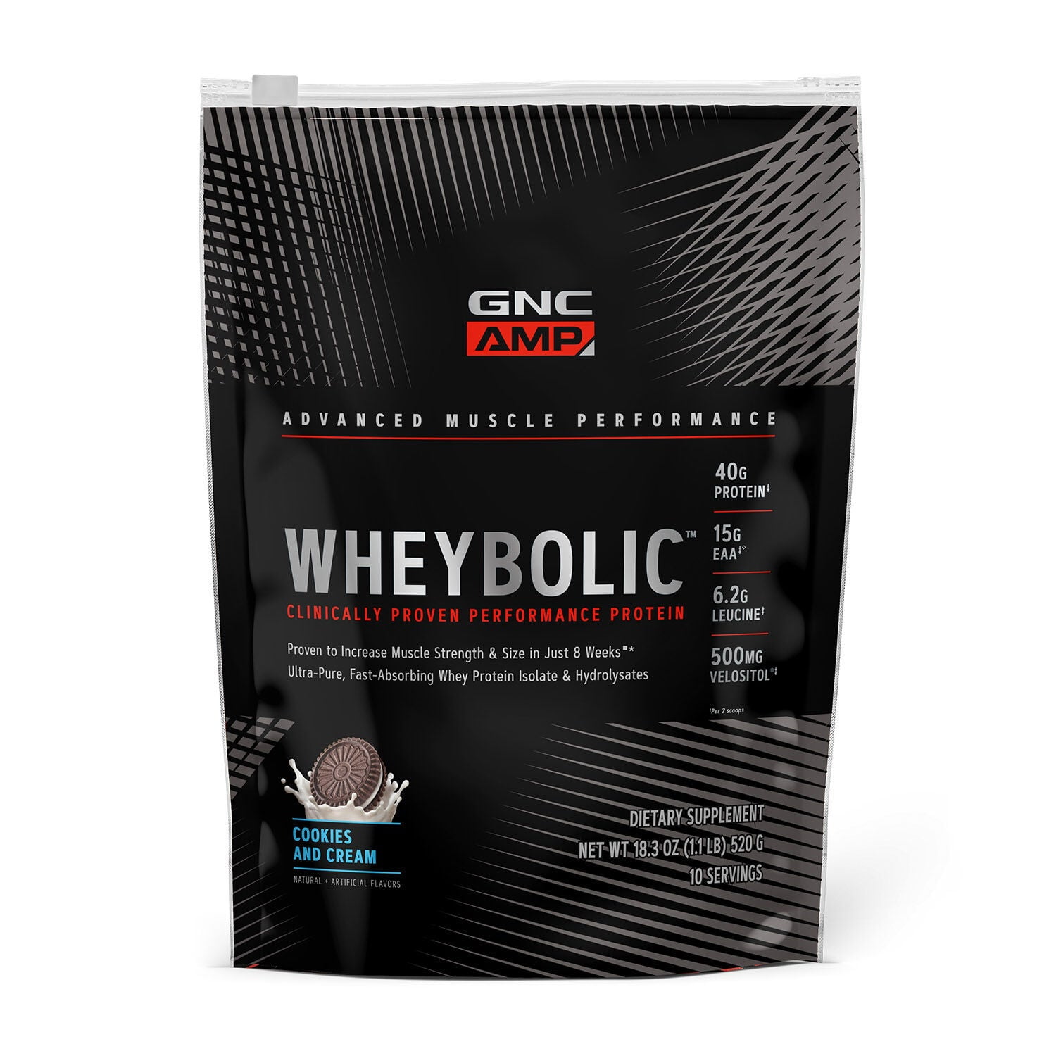 GNC AMP Wheybolic Clinically Proven Protein Powder, Increases Muscle Strength & Muscle Building, 40g Whey Protein, BCAA, Leucine, 3rd Party Tested, Cookies and Cream, 10 Servings