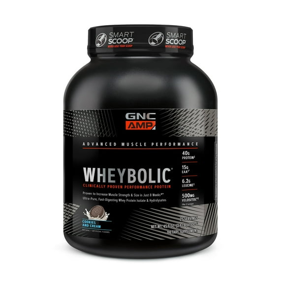 GNC AMP Wheybolic Clinically Proven Protein Powder, Increases Muscle Strength & Muscle Building, 40g Whey Protein, BCAA, Leucine, 3rd Party Tested, Cookies and Cream, 25 Servings