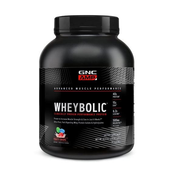 GNC AMP Wheybolic Clinically Proven Protein Powder, Increases Muscle Strength & Muscle Building, 40g Whey Protein, BCAA, Leucine, 3rd Party Tested, Fruity Crisps
