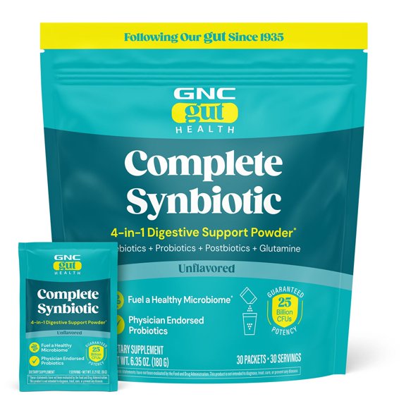 GNC Complete Synbiotic 4-in-1 Digestive Support Powder - Each Servings Contains Prebiotics, Probiotics, Post Biotics, and Glutamine (30 Servings)