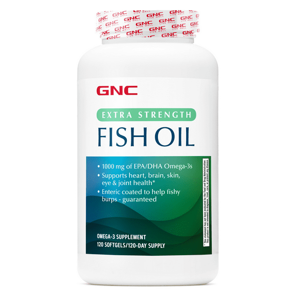 GNC Omega-3 Fish Oil Extra Strength, 120 Softgel Capsules, Burp Free, One Per Day, Supports Heart Health