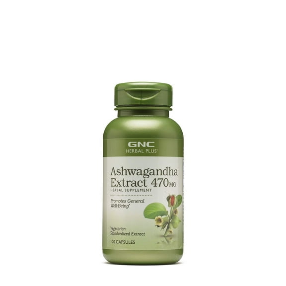 GNC Herbal Plus Ashwagandha Extract 470mg Supplement, Vegetarian, Provides General Well-Being, 100 Capsules, 100 Servings