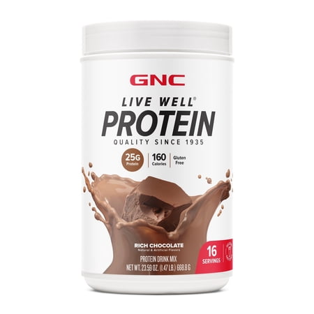 GNC Live Well Protein Powder, 25g Whey Protein, Rich Chocolate, Gluten Free, No Sugar Added, 16 Servings