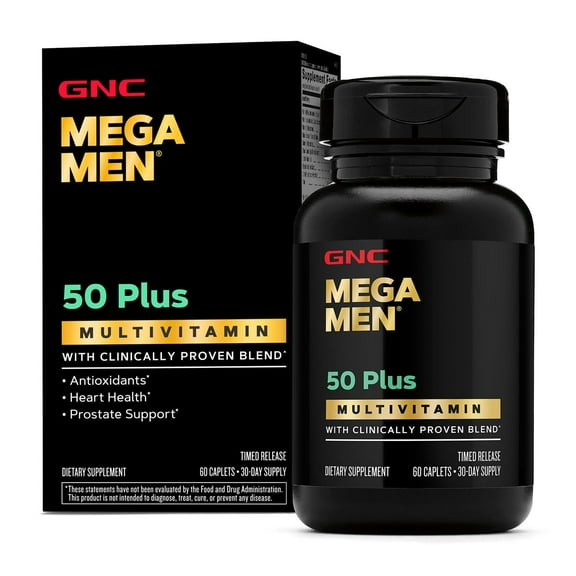 GNC Mega Men 50 Plus Clinically Proven Multivitamin Caplets, For Heart & Prostate Health, B Vitamins, Saw Palmetto, Memory, Vitamin D-3, 60 count