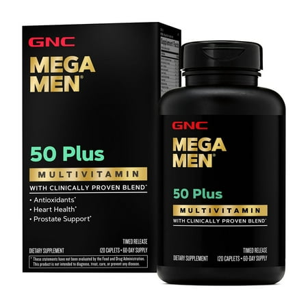 GNC Mega Men 50 Plus Clinically Proven Multivitamin Caplets, For Heart & Prostate Health, With B Vitamins, Saw Palmetto, Memory, Vitamin D-3, 120 Count