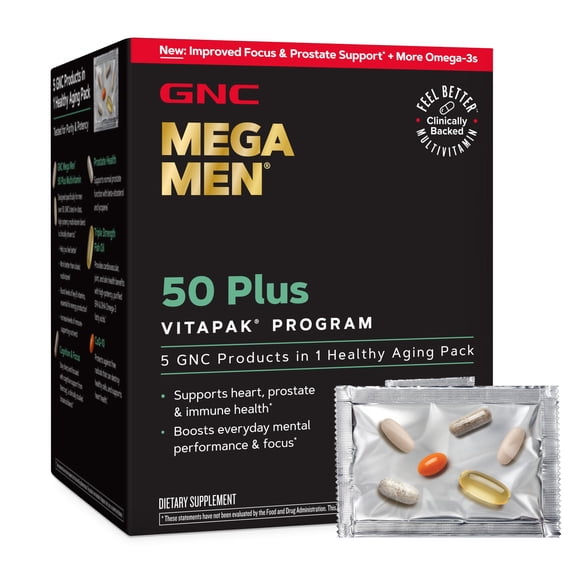 GNC Mega Men 50 Plus Vitapak Program, Convenient Complete Nutrition, 5 Products in 1 Vitamin Pack, Multivitamin, Fish Oil, Mental Sharpness, Ginkgo, Prostate Health, 30 Packets, 30 Day Supply