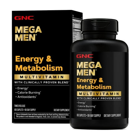 GNC Mega Men Energy and Metabolism Multivitamin Caplets, Clinically Proven to Feel Better, Timed Release, Calorie Burn, Focus, Caffeine, Thermogenic, Immune, B Vitamins, 180 Count