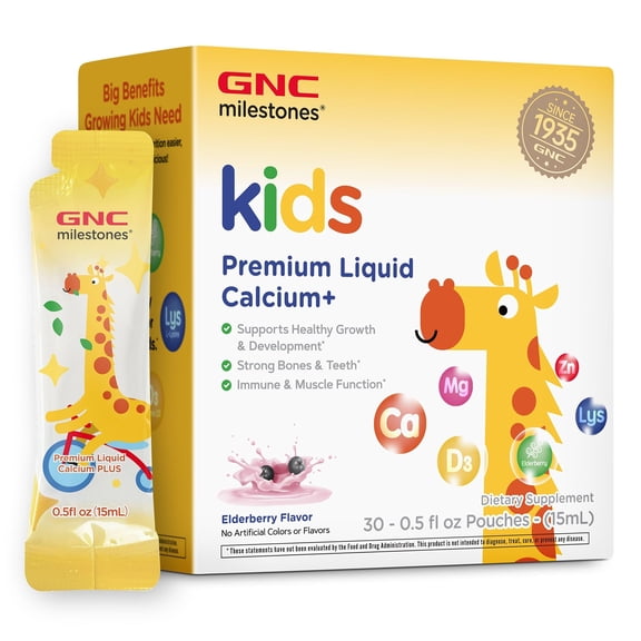 GNC Milestones Kids Liquid Calcium+ Supplement, Supports Healthy Growth & Development, Strong Bones & Teeth, for Kids 3 & Above, Elderberry Flavor, 30 Count