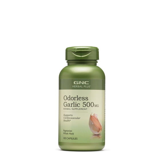 GNC Herbal Plus Odorless Garlic 500mg Supplement, Vegetarian, Supports Cardiovascular Health, 100 Servings