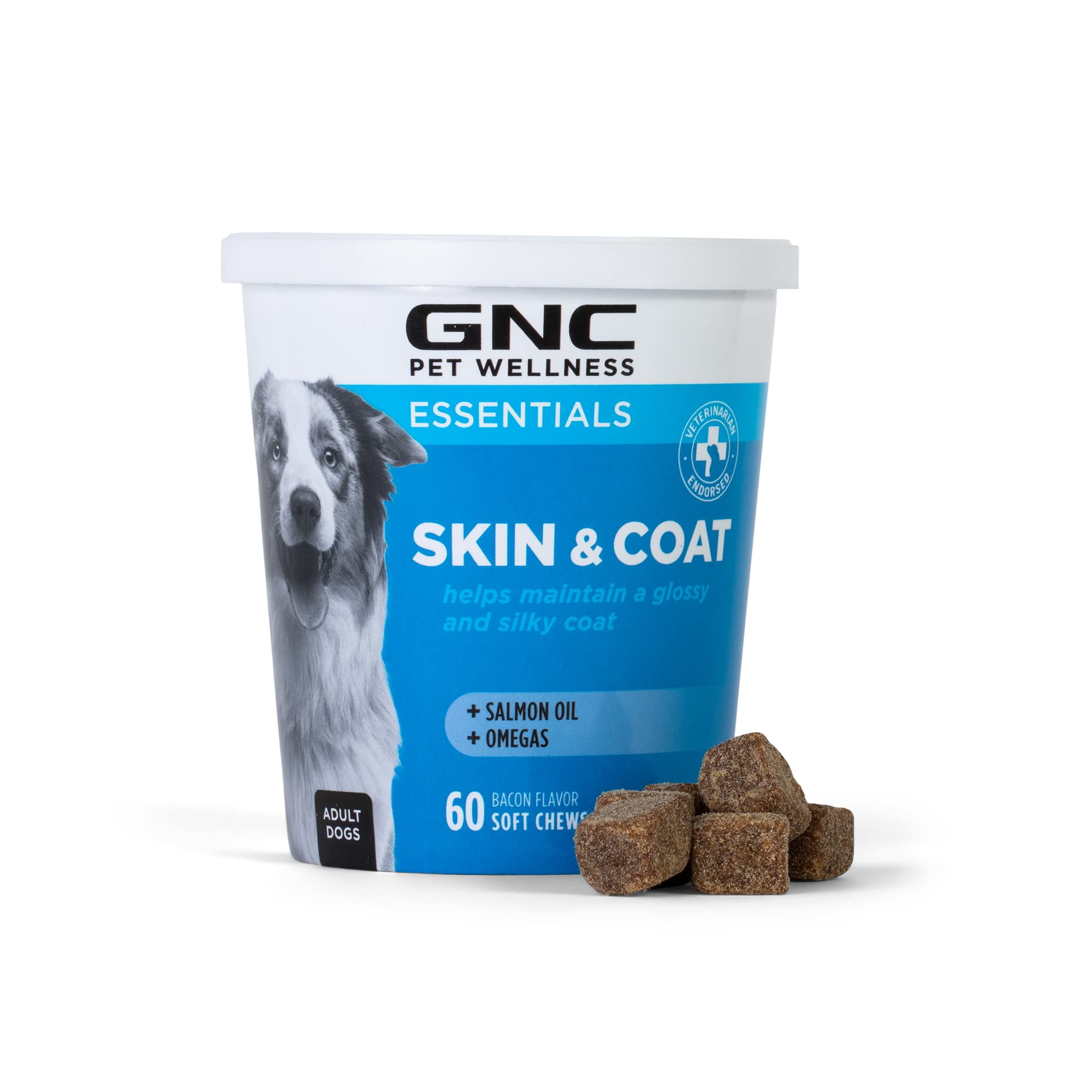 GNC Pets Essentials Skin Coat All Dog 60ct 2.2g Soft Chews Skin Coat Soft Chews for Dogs in Bacon Flavor Dog Supplement with Salmon Oil Omega Fatty Acids and EPA DHA for Skin and Coats Walmart