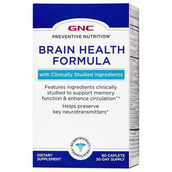 GNC Preventive Nutrition Brain Health Formula, 60 Caplets, Supports Memory Function and Enhances Circulation