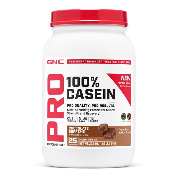 GNC Pro Performance 100% Casein Protein Powder, 25g Protein, Supports Sustained Muscle Strength, Recovery, Slow Digesting, Gluten Free, 3rd Party Tested, Chocolate Supreme, 24 Servings
