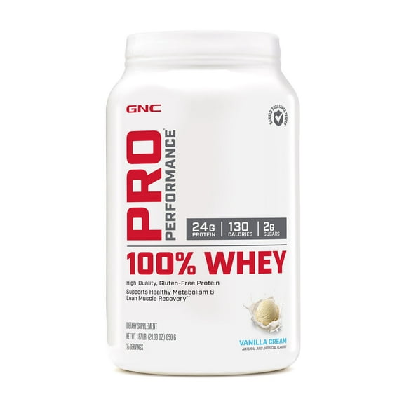 GNC Pro Performance 100% Whey Protein, Supports Muscle Strength. Recovery, 25g Protein, Vanilla Cream, 25 Servings