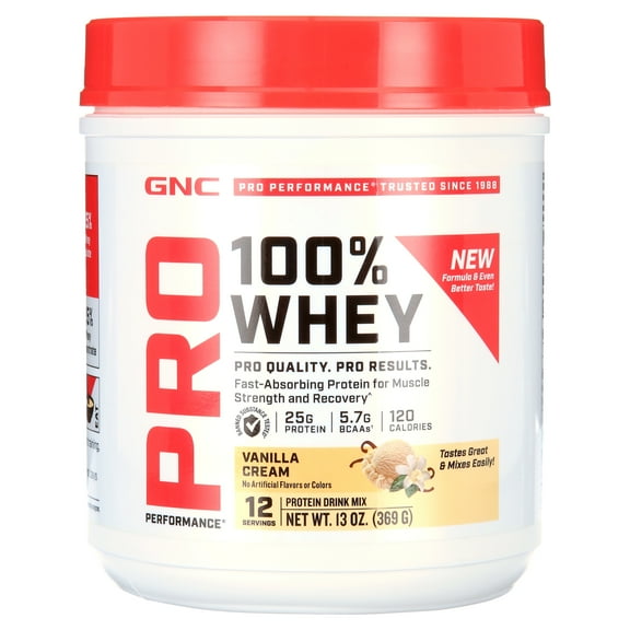 GNC Pro Performance 100% Whey Protein Powder, Vanilla Cream, 25g Protein, 12 Servings