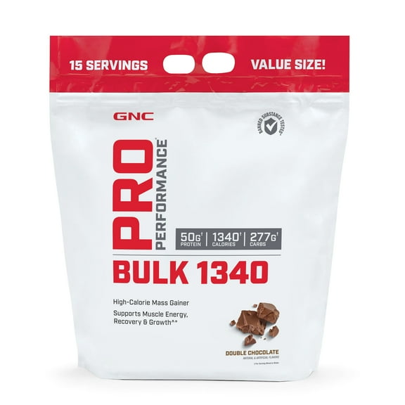 GNC Pro Performance Bulk 1340 Mass Gainer Protein Powder, Muscle Recovery & Growth, 50g, 1340 Calories, Gluten Free, Whey, Creatine, BCAA, Micronutrients, Double Chocolate, 15 Servings