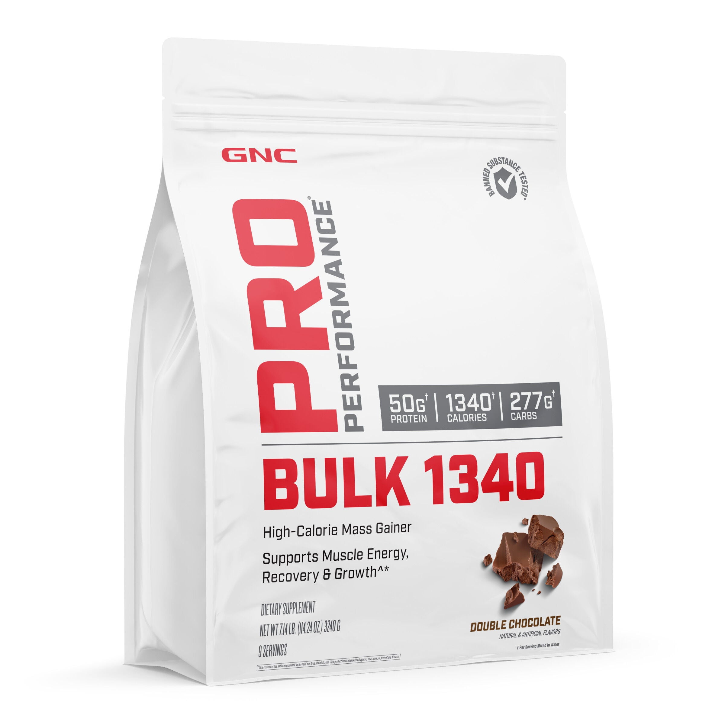 GNC Pro Performance Bulk 1340 Mass Gainer Protein Powder, Muscle Recovery & Growth, 50g, 1340 Calories, Gluten Free, Whey, Creatine, BCAA, Micronutrients, Double Chocolate, 9 Servings