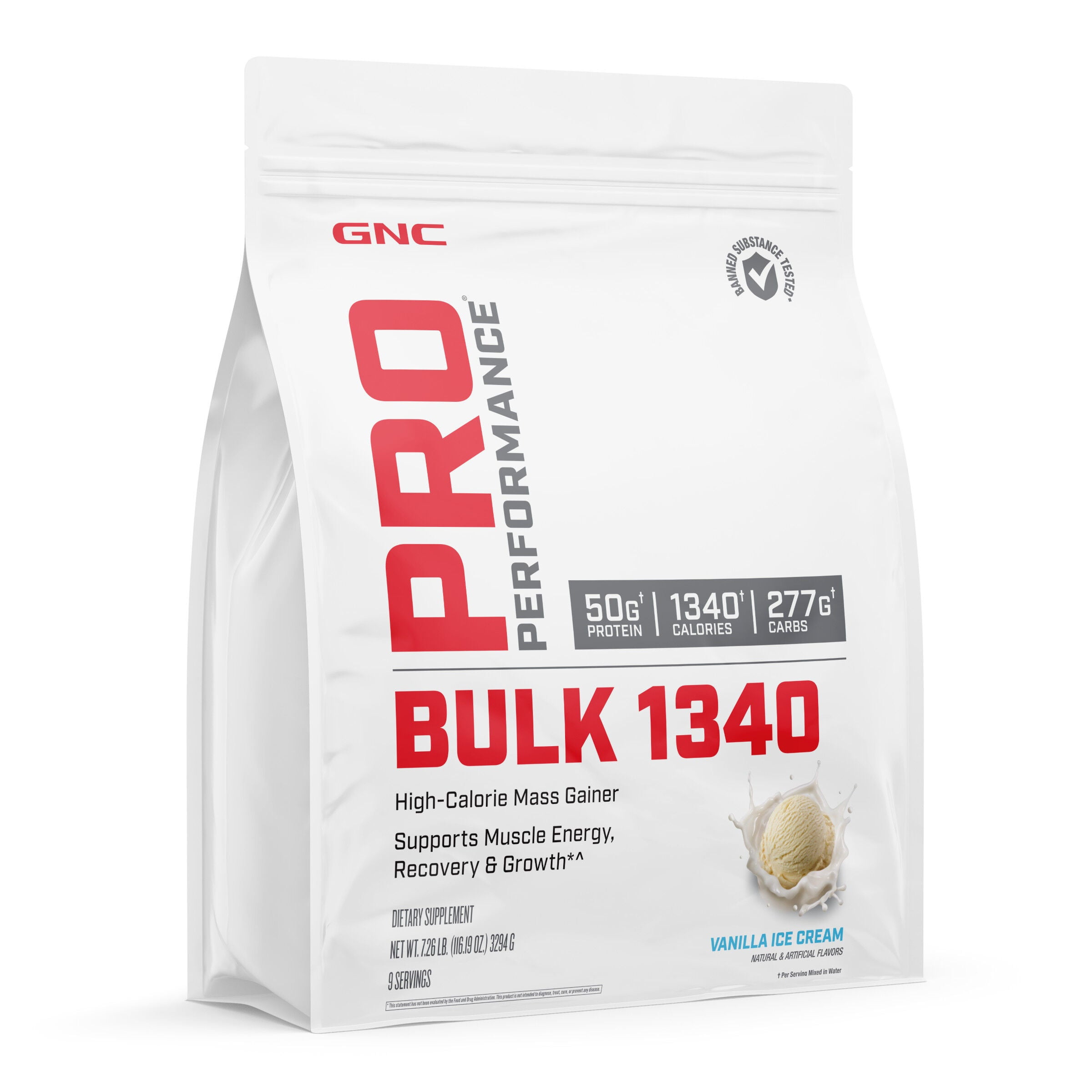 GNC Pro Performance Bulk 1340 Mass Gainer Protein Powder, Muscle Recovery & Growth, 50g, 1340 Calories, Gluten Free, Whey, Creatine, BCAA, Micronutrients, Vanilla Ice Cream, 9 Servings