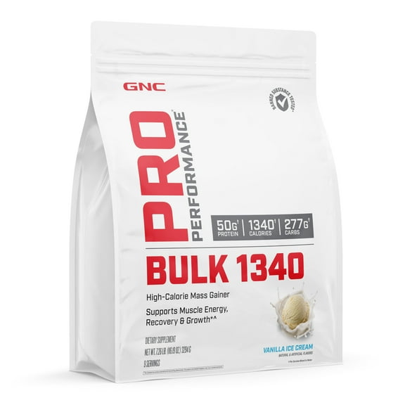 GNC Pro Performance Bulk 1340 Mass Gainer Protein Powder, Muscle Recovery & Growth, 50g, 1340 Calories, Gluten Free, Whey, Creatine, BCAA, Micronutrients, Vanilla Ice Cream, 9 Servings