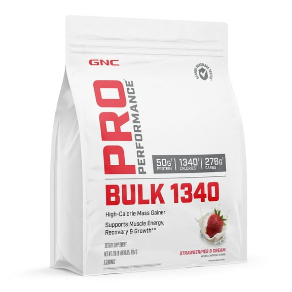 GNC Pro Performance Bulk 1340 Mass Gainer Protein Powder, Muscle Recovery & Growth, 50g, 1340 Calories, Gluten Free, Whey, Creatine, BCAA, Micronutrients, Strawberries and Cream, 9 Servings