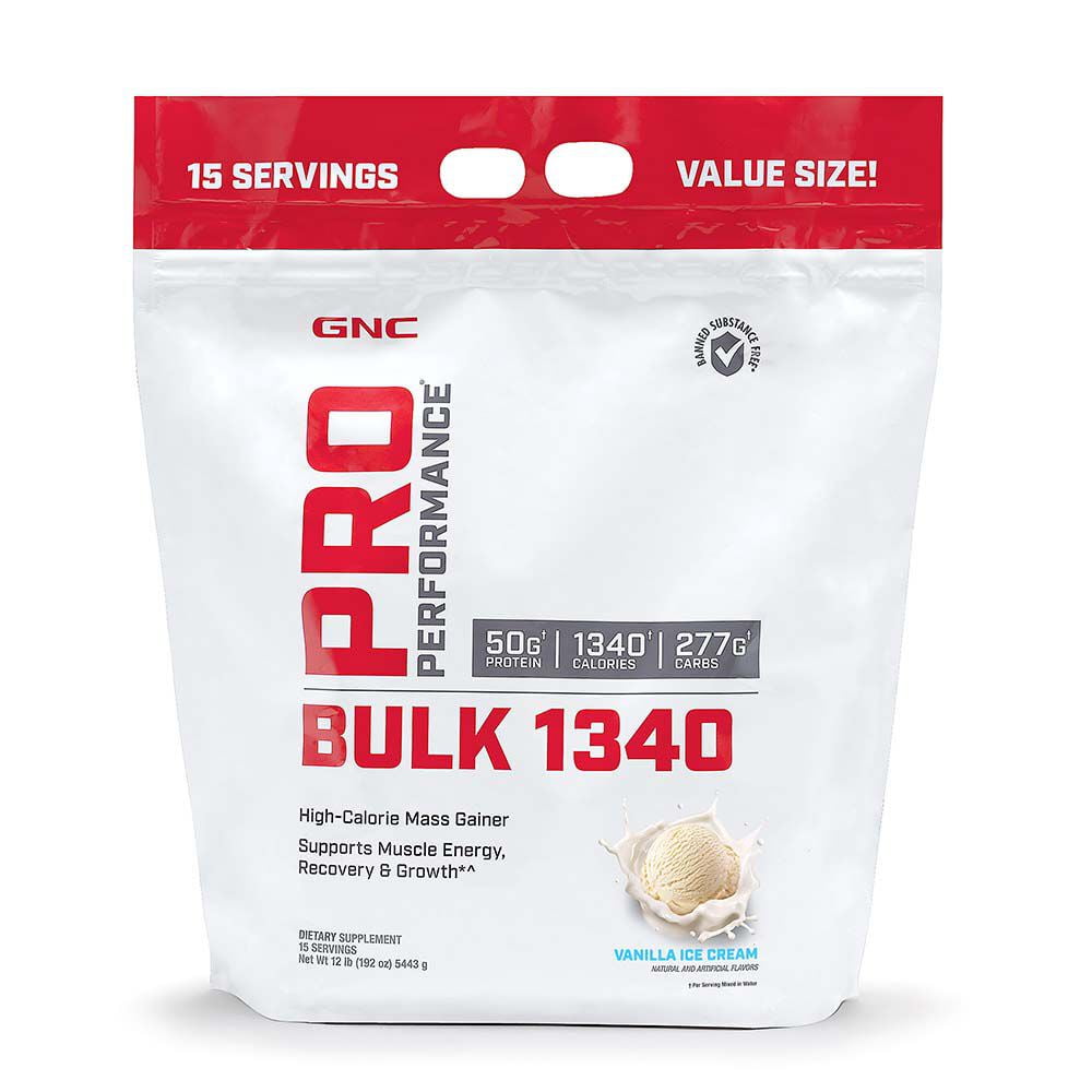 GNC Pro Performance Bulk 1340 Mass Gainer Protein Powder, Muscle Recovery & Growth, 50g, 1340 Calories, Gluten Free, Whey, Creatine, BCAA, Micronutrients  Vanilla Ice Cream, 15 Servings